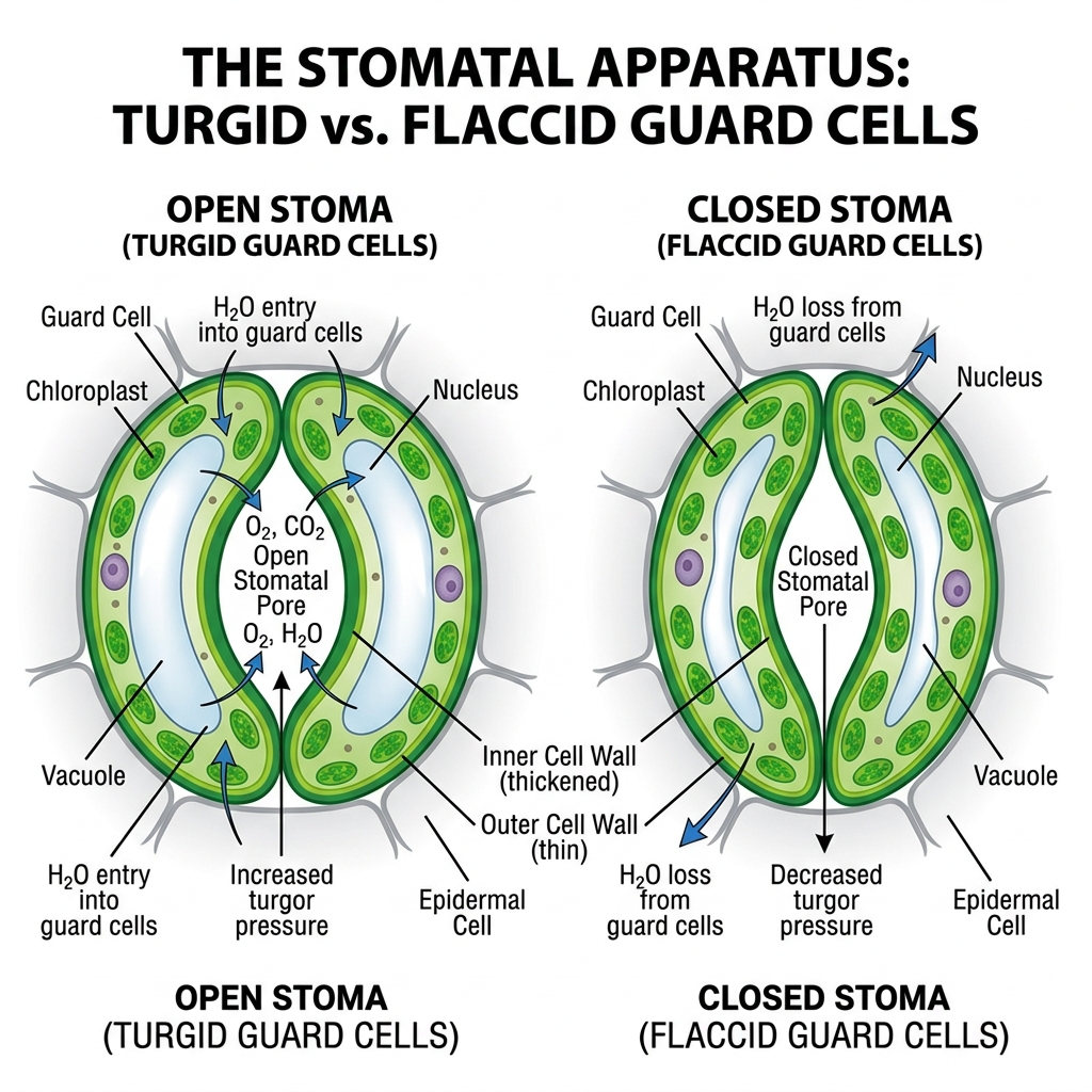 Fig. 5.6: Stomatal apparatus showing open and closed states of the stomata
